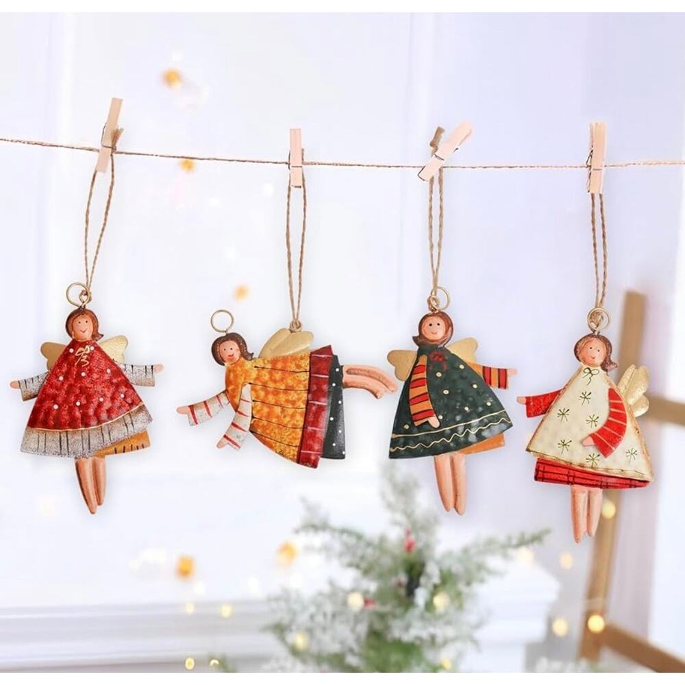 4 WickedAF Painted Metal Angel Themed Christmas Ornaments